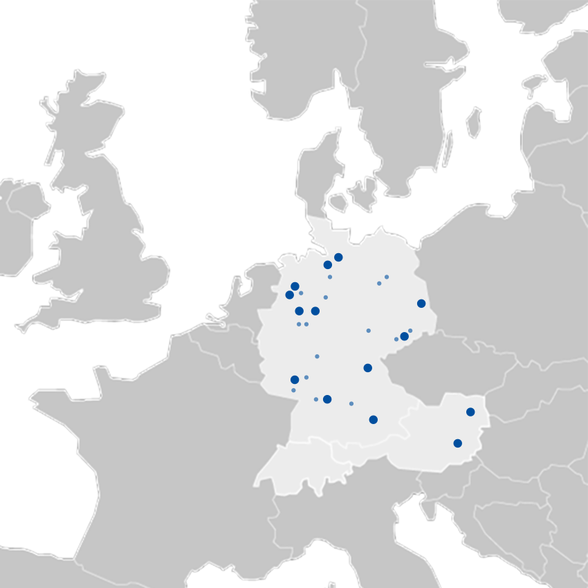 MTF Shop Samsung Klimaanlage Wärmepumpe Österreich | Eine schematische Europakarte zeigt das dichte Netzwerk an MTF-Standorten in Deutschland und Österreich. Die blauen Markierungen verdeutlichen die flächendeckende Präsenz für schnellen Service und zuverlässige Logistik in der Region.