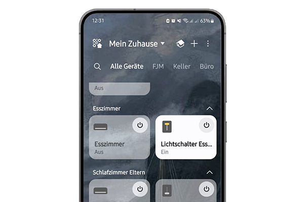 MTF Shop Samsung Klimaanlage Wärmepumpe Österreich | Vernetzte Haussteuerung mit SmartThings zur einfachen Bedienung von Shelly Lichtschaltern und Samsung Klimageräten in verschiedenen Räumen wie dem Esszimmer.