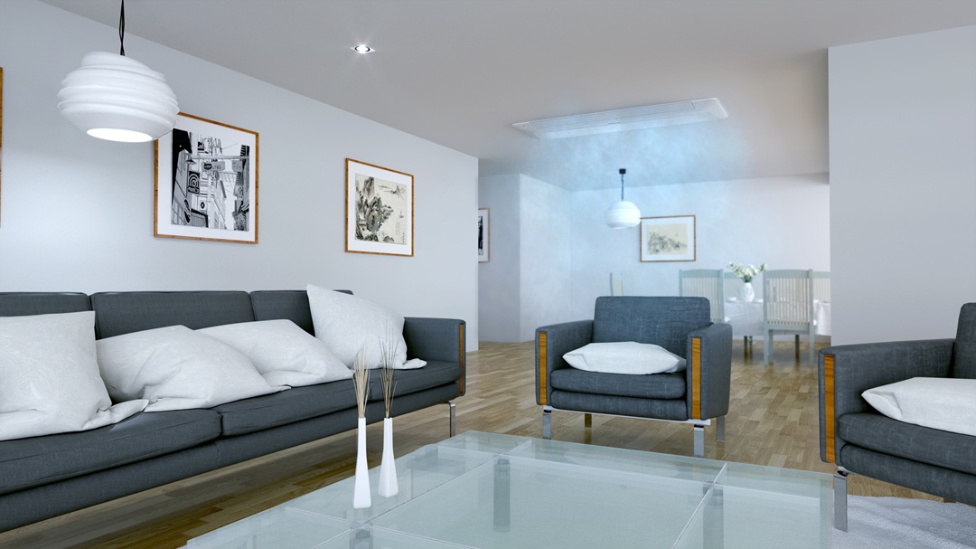 MTF Shop Samsung Klimaanlage Wärmepumpe Österreich | Moderne 1-Weg WindFree Deckenkassette unauffällig in weißer Wohnzimmerdecke installiert. Das Gerät kühlt den Raum sanft über der grauen Sitzgruppe ohne direkten Luftzug.