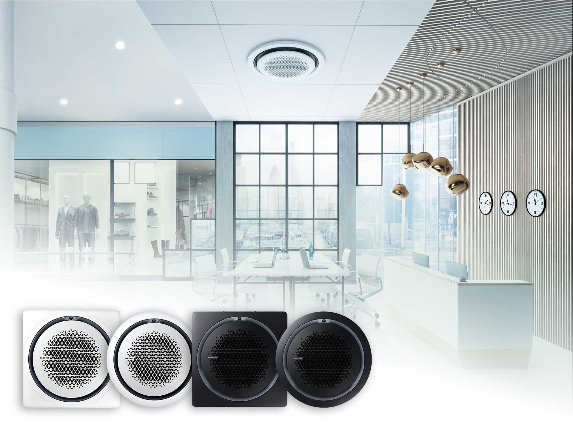 MTF Shop Samsung Klimaanlage Wärmepumpe Österreich | Innovative 360 Grad Deckenkassette in einem hellen Office. Unten abgebildet sind die verschiedenen Farbvarianten in Schwarz und Weiß für eine perfekte ästhetische Integration.