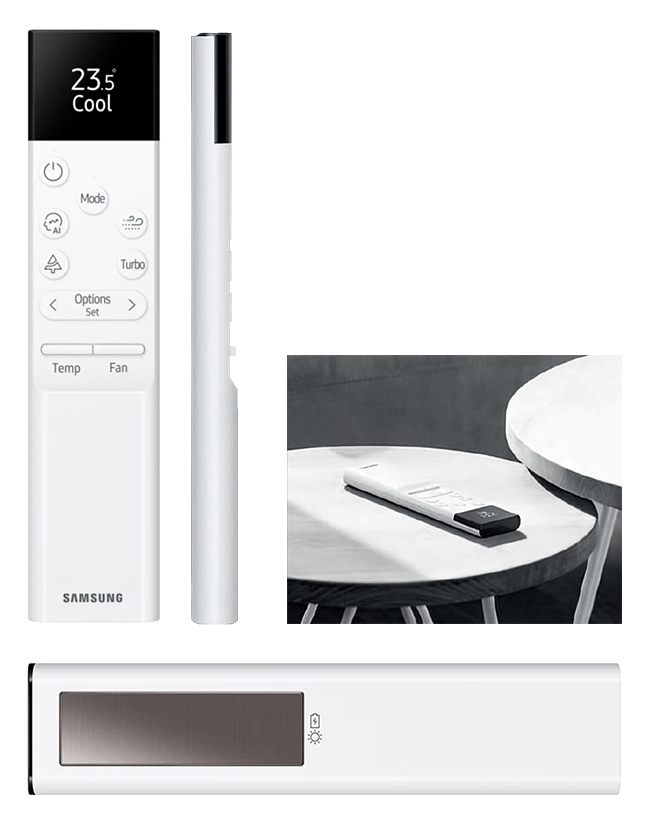 MTF Shop Samsung Klimaanlage Wärmepumpe Österreich | Moderne Solar-Fernbedienung in Weiß mit Display-Anzeige (23.5°C), intuitiven Bedientasten und rückseitigem Solarpanel für eine nachhaltige Energieversorgung.