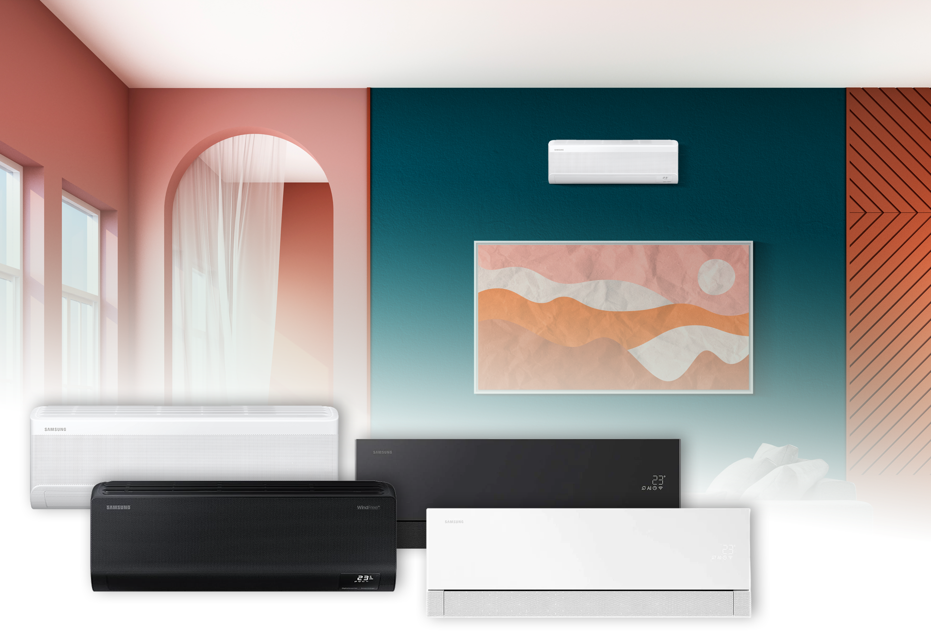 MTF Shop Samsung Klimaanlage Wärmepumpe Österreich | Modernes Wandgerät in stilvollem Wohnzimmer mit blauem Kontrast, grauer Couch und dekorativem Bogen zum Schlafbereich für effizientes Kühlen und Heizen mit Design.